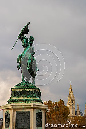 Equestrian statue of Archduke Charles Erzherzog Karl memorial and city hall on a cloudy day in Vienna Wien, Austria Stock Photo