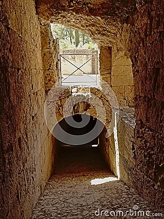 Tunnel under a roman amphitheatre at Italica, Roman city in the province of Hispania Baetica Stock Photo