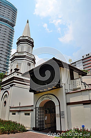 Arched doorway entrance with Koran Arabic Islamic prayer and minaret Hajjah Fatimah Mosque Singapore Editorial Stock Photo