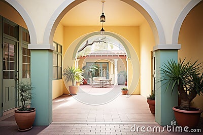 arched doorways leading into a shaded courtyard Stock Photo