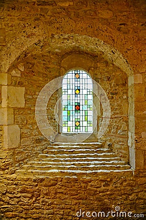 Arched Leadlight inside Medieval French Monastery Stock Photo