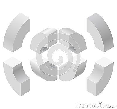 Arched shapes in isometric perspective, isolated on white background. Basic building blocks for creating abstract objects, backgro Vector Illustration