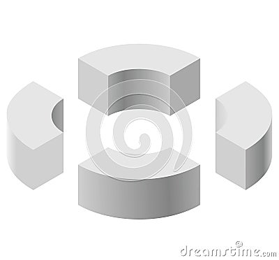 Arched shapes in isometric perspective, isolated on white background. Basic building blocks for creating abstract objects, backgro Vector Illustration