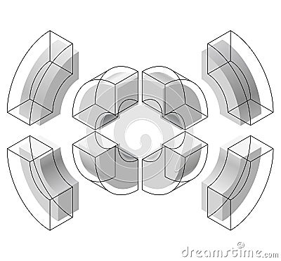 Arched shapes in isometric perspective, isolated on white background. Basic building blocks for creating abstract objects, backgro Vector Illustration