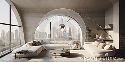 Arched window and beige velvet sofa in apartment With concrete ceiling. Interior design of modern living room Stock Photo