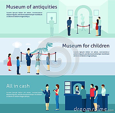 Archeological antiquity museum flat banners set Vector Illustration