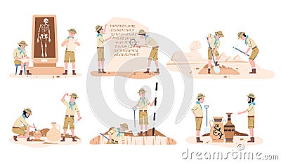 Archeologist working, geology and archeology. Historical archeological discovery, man and woman with tools. Cartoon Vector Illustration