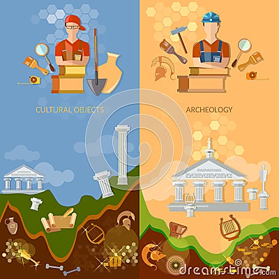 Archeology banners cultural objects Vector Illustration