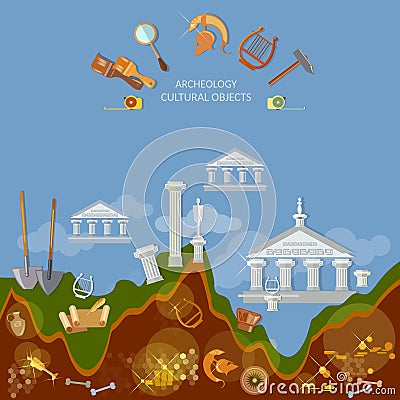 Archeology dig ancient treasures civilization cultural objects Vector Illustration