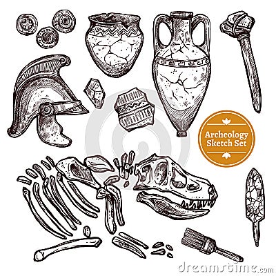 Archeology Hand Drawn Sketch Set Vector Illustration