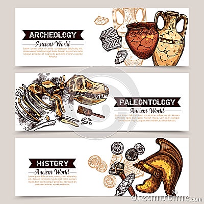 Archeology Horizontal Sketch Colored Banners Vector Illustration