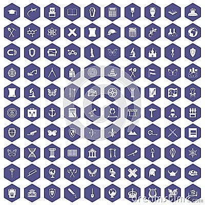 100 archeology icons hexagon purple Vector Illustration