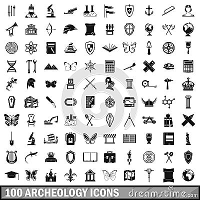 100 archeology icons set, simple style Vector Illustration