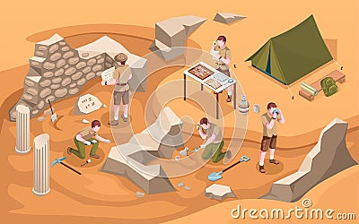 Archeology isometric sign or archeologist at work Vector Illustration