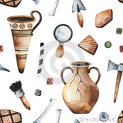 Archeology texture with greek vase,paleontology tools,ceramic tiles,pot,bones Stock Photo