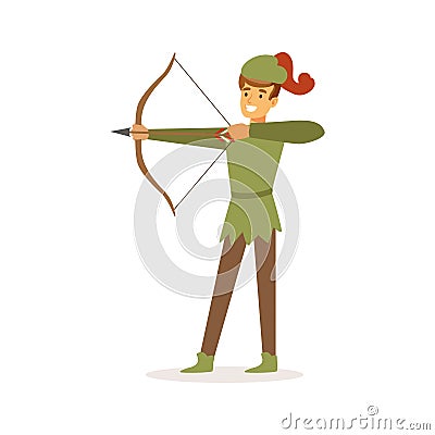 Archer aiming with bow, European medieval character in traditional costume colorful vector Illustration Vector Illustration