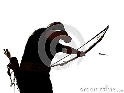 Archer silhouette. A shooting arrow flying in a white background. Stock Photo