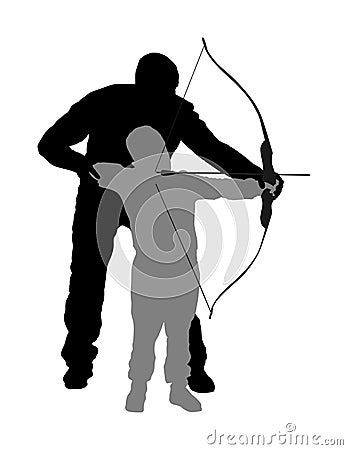 Archer silhouette. Dad teaches his son to hold bow and arrow. Fathers day. Vector Illustration