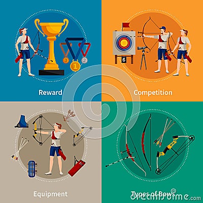 Archery Flat 2x2 Icons Set Vector Illustration