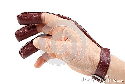 Archery shooting glove on hand Stock Photo