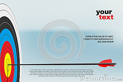 Archery target with arrow and text blocks on blue background. Vector landing page, poster or banner template. Vector Illustration