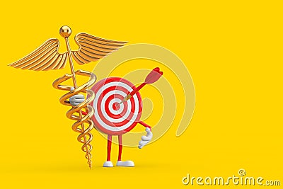 Archery Target and Dart in Center Cartoon Person Character Mascot with Golden Medical Caduceus Symbol. 3d Rendering Stock Photo