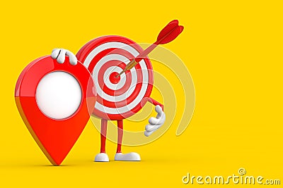 Archery Target and Dart in Center Cartoon Person Character Mascot with Red Target Map Pointer Pin. 3d Rendering Stock Photo