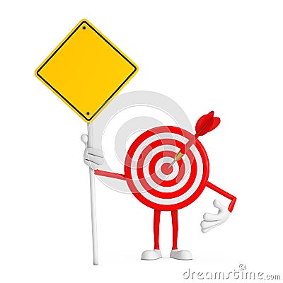 Archery Target and Dart in Center Cartoon Person Character Mascot and Yellow Road Sign with Free Space for Yours Design. 3d Stock Photo