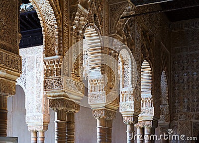 Arches and columns of Court of the Lions at Alhambra. Granada Editorial Stock Photo