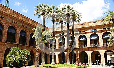 Arches and columns of the Nou Barris District Headquarters building in Barcelona Editorial Stock Photo