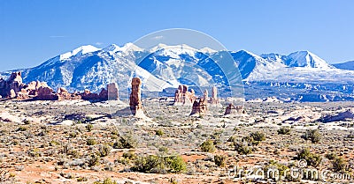 Arches National Park with La Sal Mountains, Utah, USA Stock Photo