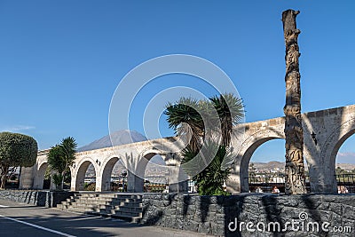 The Arches of Yanahuara Plaza and Misti Volcano on Background - Arequipa, Peru Stock Photo