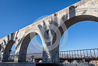 The Arches of Yanahuara Plaza and Misti Volcano on Background - Arequipa, Peru Stock Photo