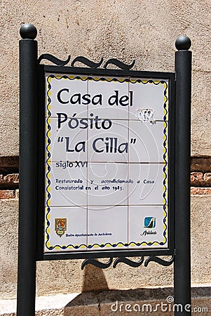 Casa del Posito La Cilla sign, Archidona, Spain. Editorial Stock Photo
