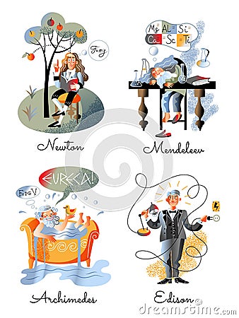 Archimedes, Newton, Mendeleev, Edison discover set Vector Illustration