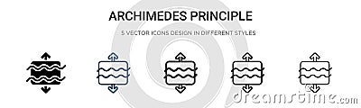 Archimedes principle icon in filled, thin line, outline and stroke style. Vector illustration of two colored and black archimedes Vector Illustration