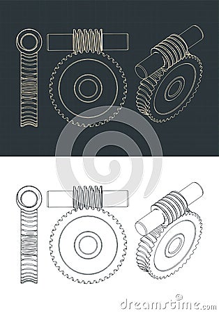 Archimedes worm and involute gear blueprints Vector Illustration