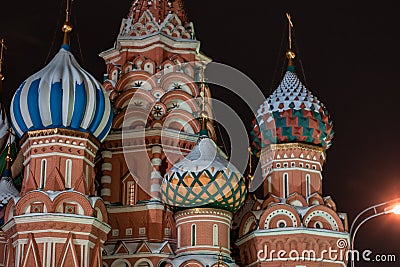 Architechtural detail of St. Basil`s Cathedral in Moscow at night Stock Photo