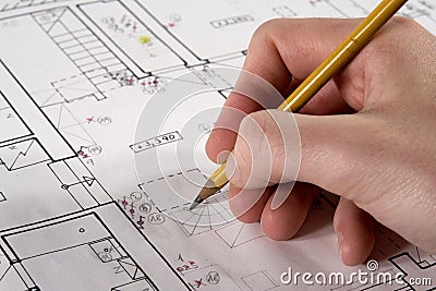 Architect with blueprint Stock Photo