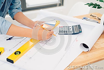 Architect concept, Architects office working with blueprints Stock Photo