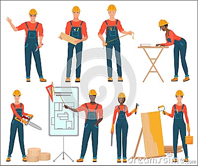 Architect and construction builders workers. Civil engineer. Male and female construction team characters set isolated. Vector Illustration