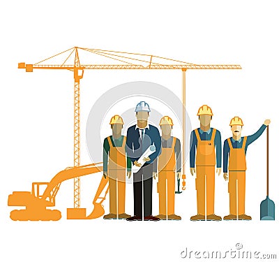 Architect and construction crew on site Vector Illustration