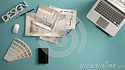 Architect designer concept, blue work desk with computer, paper draft, kitchen project images and blueprint. Sample color material Editorial Stock Photo