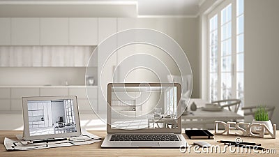 Architect designer concept, laptop and tablet on work desk with screen showing interior design project and CAD sketch, blurred dra Stock Photo