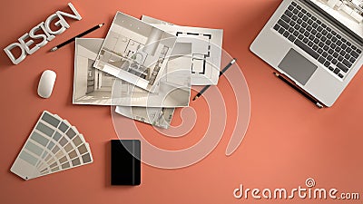 Architect designer concept, red work desk with computer, paper draft, kitchen project images and blueprint. Sample color material Editorial Stock Photo