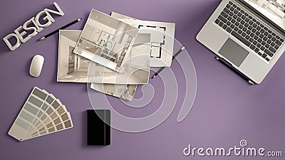 Architect designer concept, violet work desk with computer, paper draft, kitchen project images and blueprint. Sample color materi Editorial Stock Photo