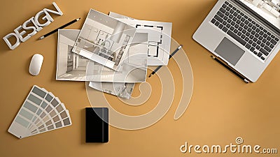 Architect designer concept, yellow work desk with computer, paper draft, kitchen project images and blueprint. Sample color materi Editorial Stock Photo