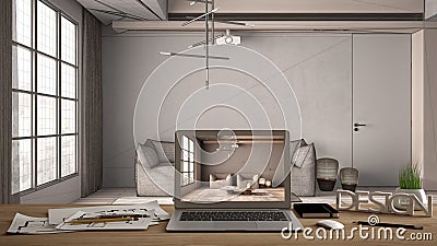 Architect designer desktop concept, laptop on wooden work desk with screen showing interior design project, blueprint draft Stock Photo