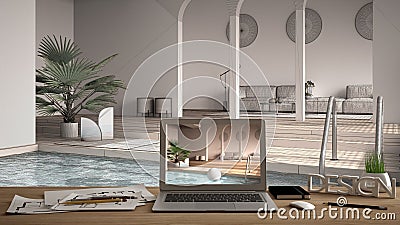 Architect designer desktop concept, laptop on wooden work desk with screen showing interior design project, blueprint draft Stock Photo