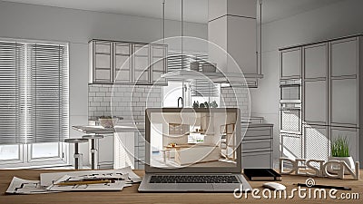 Architect designer desktop concept, laptop on wooden work desk with screen showing interior design project, blurred draft in the b Stock Photo